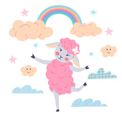 Animal music vector illustration. Join festive music festival in zoo, where animals create joyful orchestra The animal music concept turns zoo into magical fairy tale celebration. Pink sheep dancing