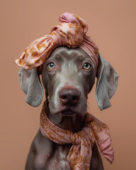 Weimaraner dog is wearing a big bow on his head on a brown background. Minimal fashion dog concept.