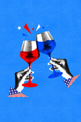 Poster. Contemporary art collage. Two hands holding wine glasses in toast, clinking together....