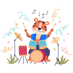 Animal music vector illustration. The magical animal music metaphor transforms zoo into realm celebration Creatures celebrate with cheerful music band, turning zoo into lively event. Tiger plays drums