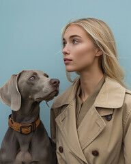 Elegant duo: blonde woman with Weimaraner dog. Side profile on pale blue background. Minimal friendship concept.