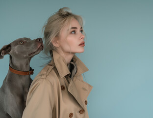 Elegant duo: blonde woman with Weimaraner dog. Side profile on pale blue background. Minimal friendship concept. Copy space.