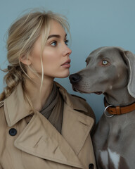 Elegant duo: blonde woman with Weimaraner dog. Side profile on pale blue background. Minimal friendship concept.
