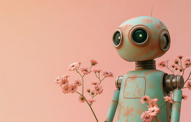A Spring small retro vintage robot with pink flowers on a pink background. A futuristic spring concept. Copy space for text.