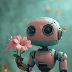 A Spring small retro vintage robot with fresh flowers on a blue background. A futuristic spring concept. Copy space for text.