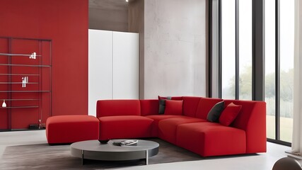 A sleek, red modular corner sofa stands out against a blank, brown stucco wall, creating a striking contrast in this loft interior design. The modern living room is brought to life with this unique.