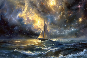 Sailboat navigating through mystical cosmic storm at sea