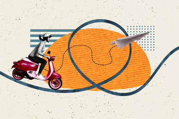 Creative collage picture young woman helmet scooter moped rider airplane flight path road delivery postman drawing background