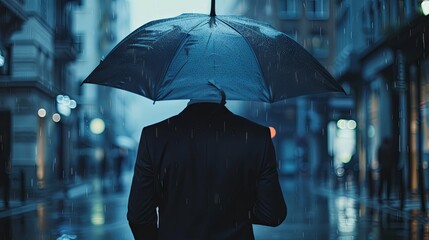 Mysterious figure under umbrella on rainy city street at night