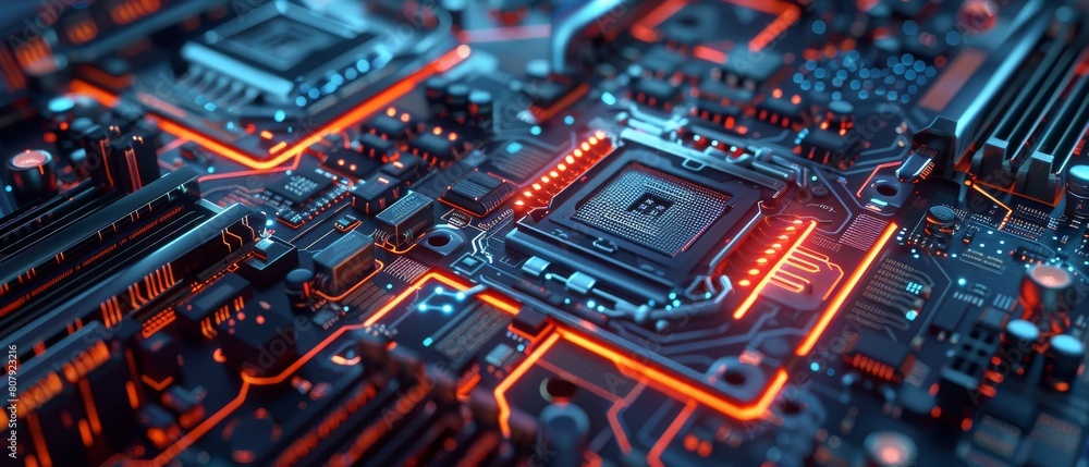 Poster computer motherboard and cpu socket macro shot. printed circuit board: inside of electronic device, 