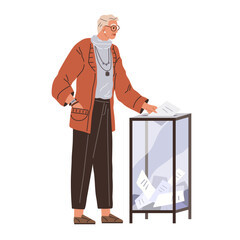 Old man throwing voting ballot for candidate in box during president or government election or referendum. Cartoon voter polling. Democracy and human opinion. Elderly man votes at polling station