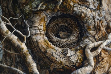 Hyperrealistic close-up of a birds nest nestled in a tree, emphasizing the intricate construction