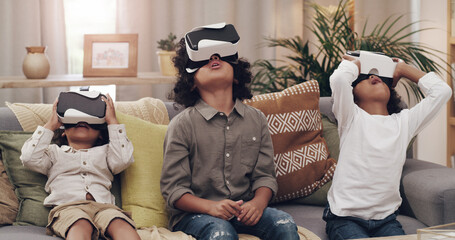 Kids, home and virtual reality while on sofa after school, games and movie. Children, living room...