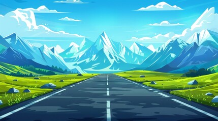 This cartoon landscape shows a road and mountains at the same time. Blue sky and green grass on a straight path to the horizon. This scene is intended for game adventures with alpine scenery. - obrazy, fototapety, plakaty