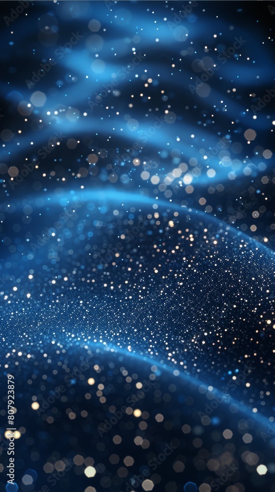 Poster Technological background image, Particles, dark blue, black, tech particles, above and below, technology particles distributed at the top. Generative AI.