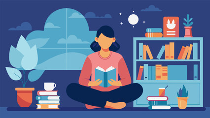 A peaceful library with a person sitting in a quiet corner reading a book on mindfulness and discovering inner peace.. Vector illustration