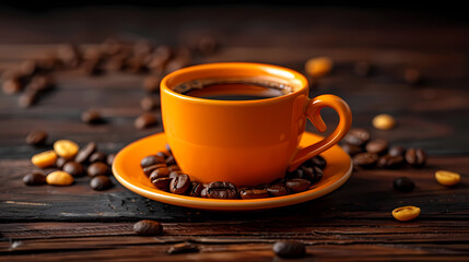 A bright orange cup of coffee on a wooden table, with beans scattered around --ar 16:9 --s 250 -