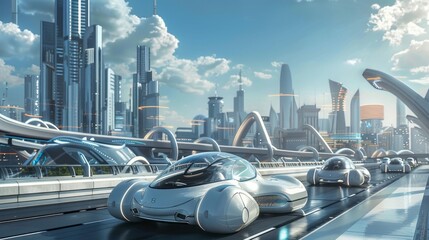 A line of futuristic autonomous vehicles cruising through a modern cityscape,with sleek architecture and futuristic landmarks stretching into the skyline