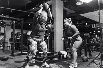 Two plus-size women workout and exercise with medicine ball at the gym. They're determined to...