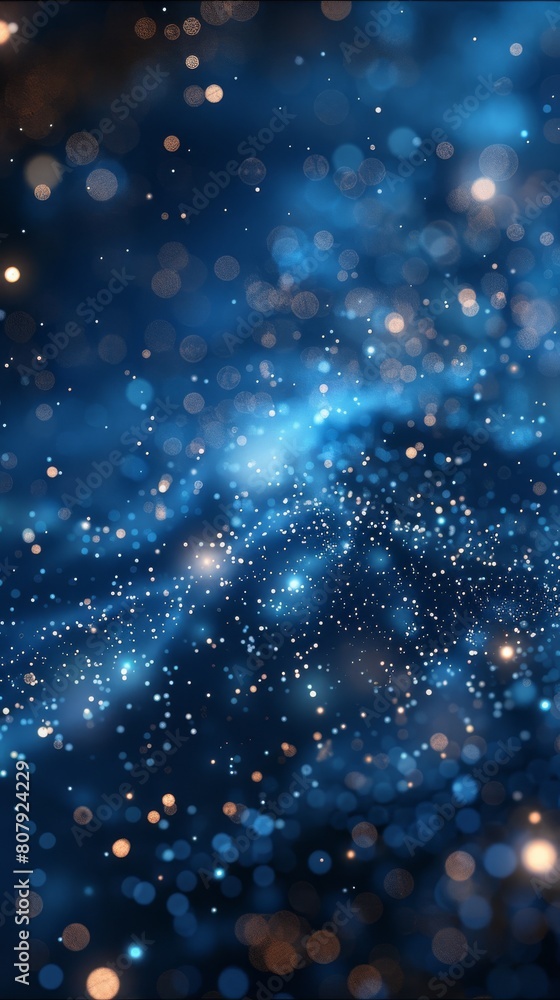 Poster Technological background image, Particles, dark blue, black, tech particles, above and below, technology particles distributed at the top. Generative AI.