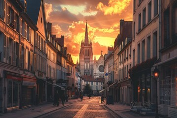 Naklejka premium Panoramic view of a historic European city, cobblestone streets, quaint buildings, and a towering cathedral against a sunset sky