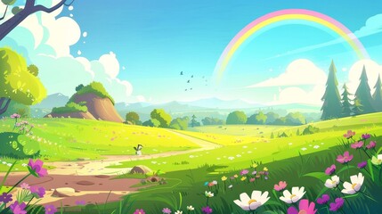 In this springtime and sunlight banner backdrop, there is a flower field with rainbow in forest cartoon modern landscape. There is a grassy hill with a blue sky and a meadow with green grass.