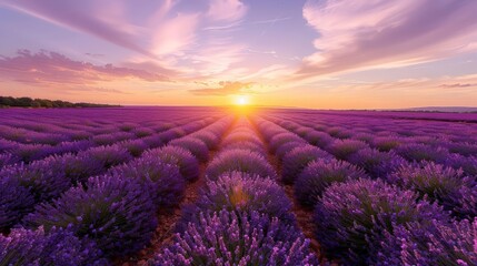 sunset over lavender field with a green tree and purple flower in the foreground, under a blue sky with a white cloud