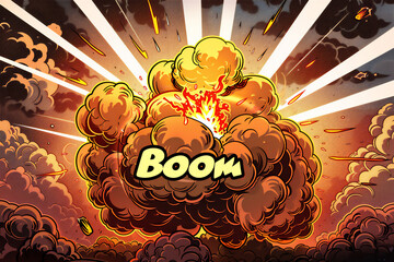 Bomb explosion comic art style, with "boom" written