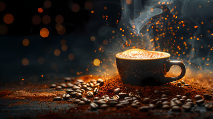 A steaming cup of coffee surrounded by scattered beans over a dark, textured background --ar 16:9...