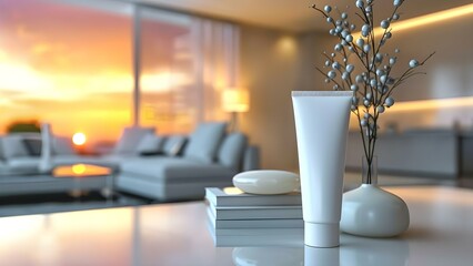White cosmetic tube mockup on a living room background. Concept Cosmetic mockup, Tube packaging, Living room backdrop, Product showcase, Branding presentation
