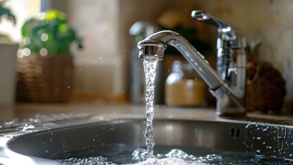 Metal faucet pouring water in kitchen sink. Concept Kitchen Renovation, Plumbing Fixtures, Running Water, Household Maintenance, Interior Design