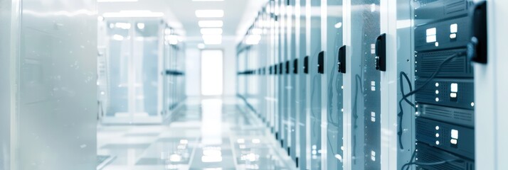 Obraz premium data center with rows of server equipment and shelves for storage
