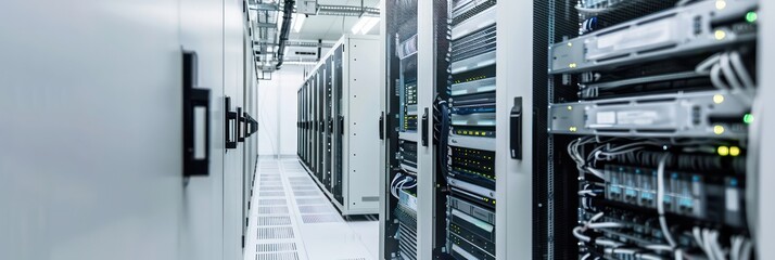 data center with rows of server equipment and shelves for storage