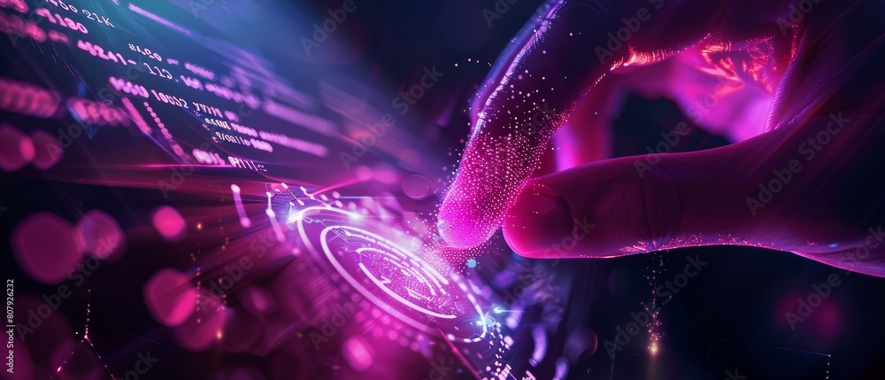 Poster the pink and purple visualization of digitalization of cyber attack, data theft, hacking, and virus 