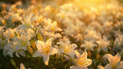 Obraz premium A captivating tableau of a sunset over a field of lilies, their pristine white petals shimmering in the warm, golden light of dusk.