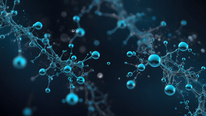 Molecules in abstract space Science and medical background ,A blue background with bubbles and water droplets.