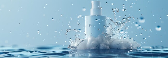 cosmetic spray bottle on water splash with blue background