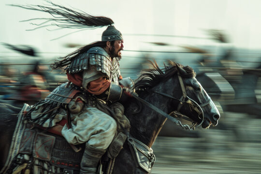 Mongol warrior rides horse in traditional armor at full speed