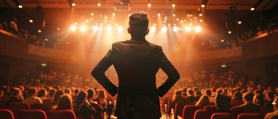 In this back view, an entertainer stands on stage, greets the audience, and starts to perform. A software company founder, a tech marketing guru, and an award-winning presentation speaker take the