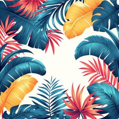tropical foliage illustration featuring orange and red flowers and green leaves on a isolated background