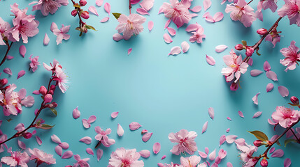 Beautiful spring nature background with lovely blossom, petal a on turquoise blue background , top...