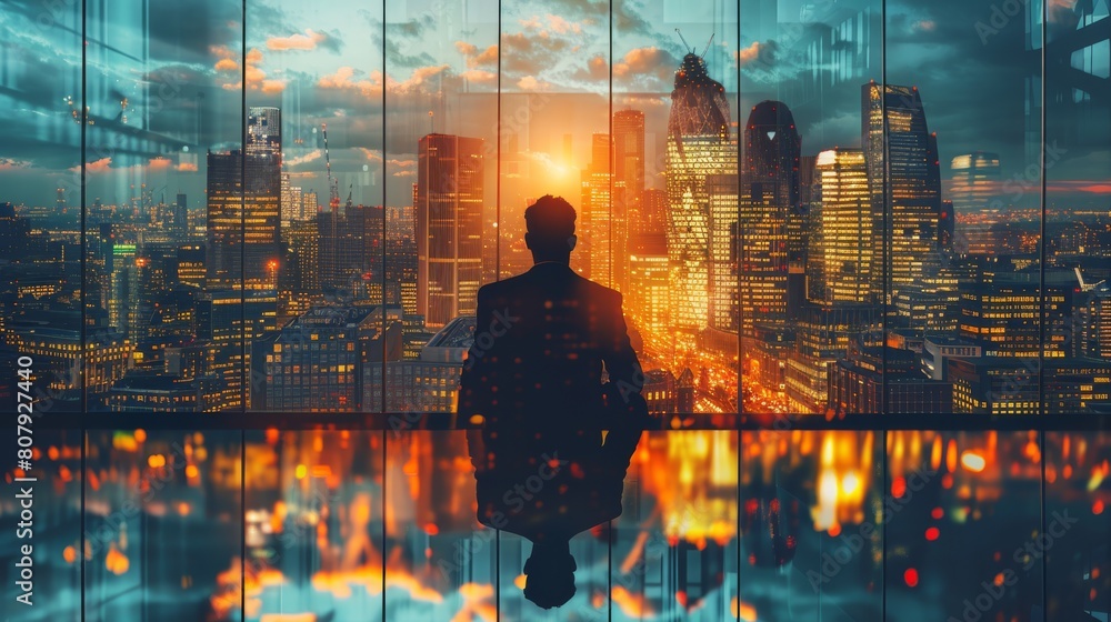 Poster rear view. double exposure of success businessman working in office with city building view, filter 