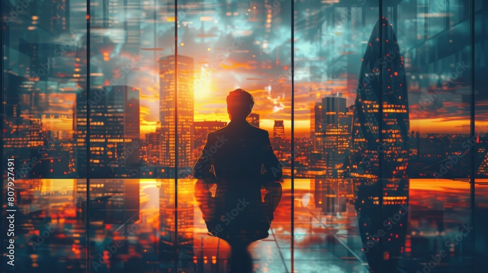 Poster rear view. double exposure of success businessman working in office with city building view, filter 