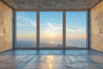 Spacious room with concrete walls, a wooden floor, and a wide window showcasing a breathtaking sunset over a coastal city
