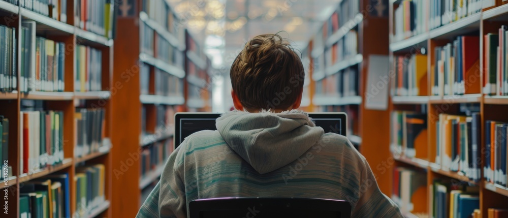 Poster student in university library working on computer, researching class assignment, studying his subjec
