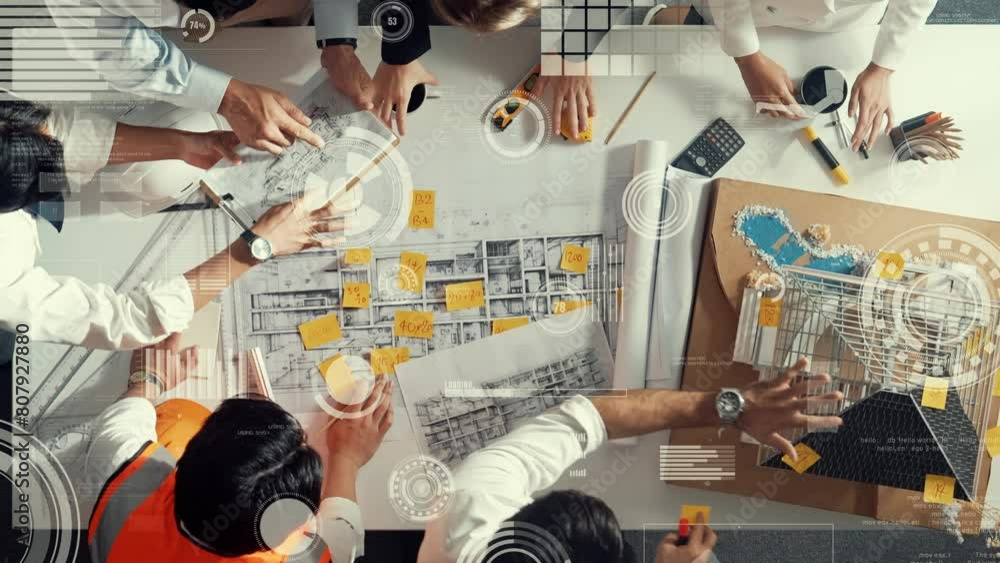 Aufkleber top down view of skilled architect engineer team working together to design house. aerial view of pr