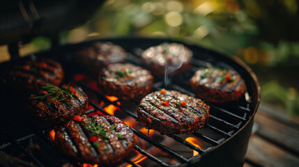 Veggie burger patties on a grill. Generative AI.