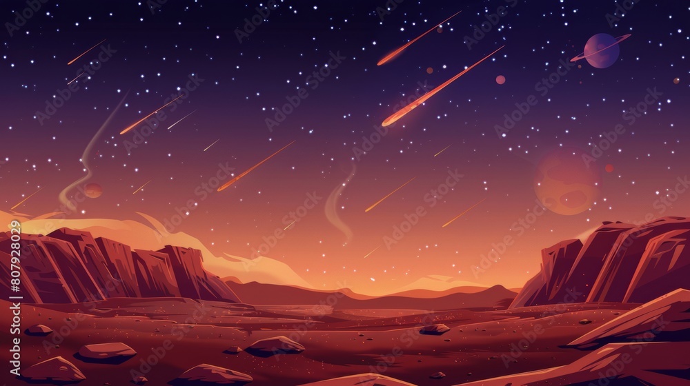 Poster space planet game modern background illustration. night fantasy mars ground surface with falling met