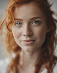 Fototapeta premium portrait of a happy and attractive girl with freckles and natural red hair, isolated white background 