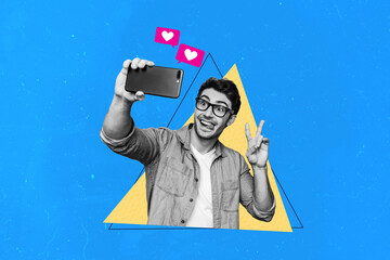 Artwork 3D photo collage of young man make selfie hold smartphone heart icon like feedback follow...